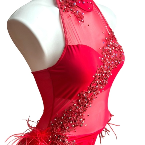 Beautiful New! Red Halter Custom Jazz Dance Costume With Feathers Small Adult💃 - Picture 5 of 8